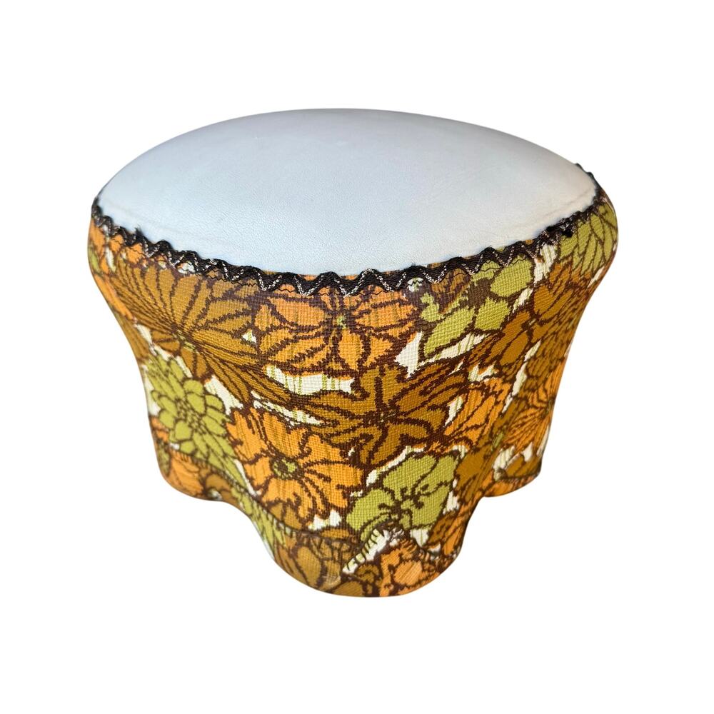 Vtg Retro Vinyl Cylindrical,Footstool/ottoman,Pouf 1960,1970,Floral,MidCentury
